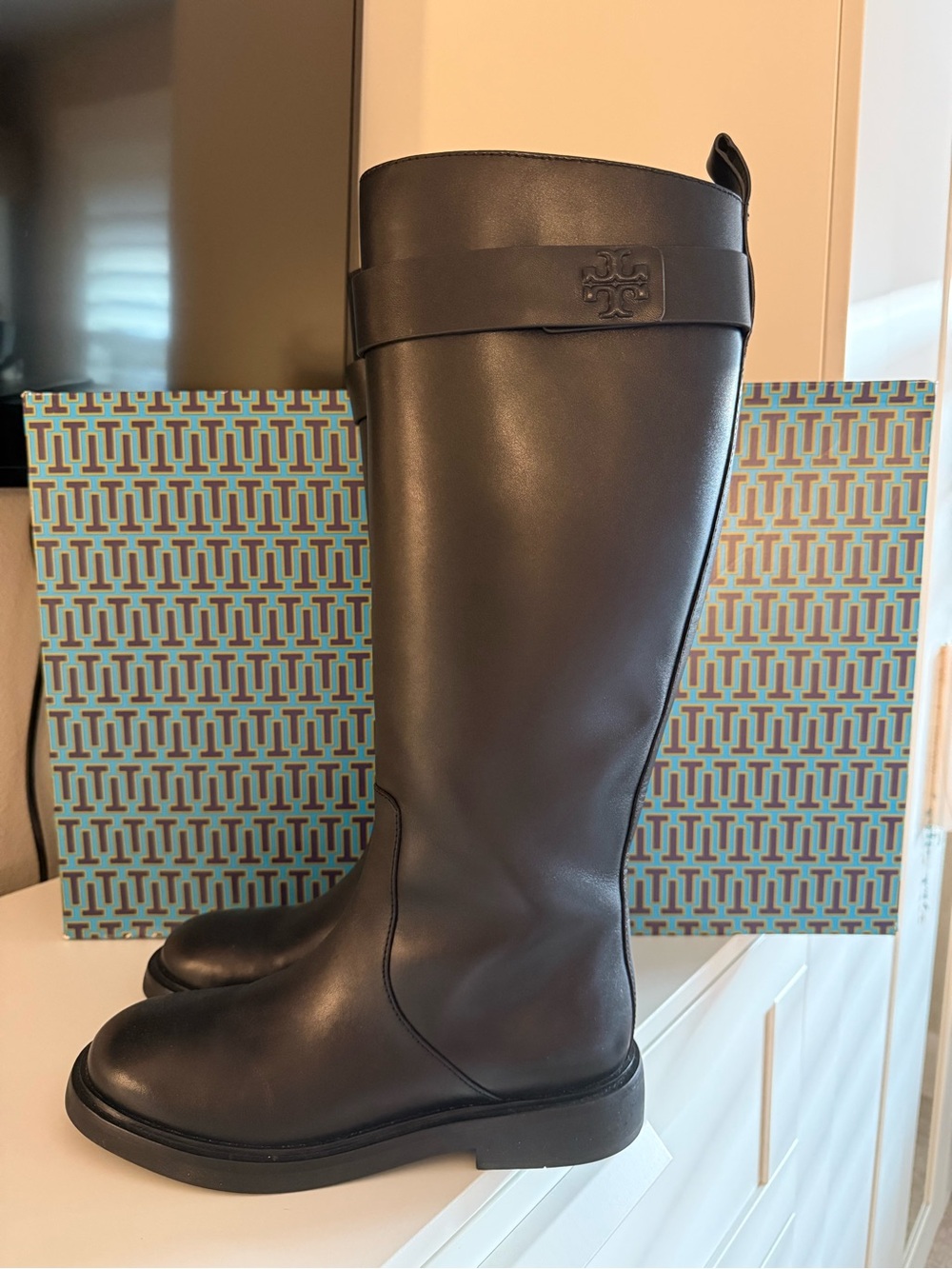 Tory Burch Double T Utility Black Leather Boots